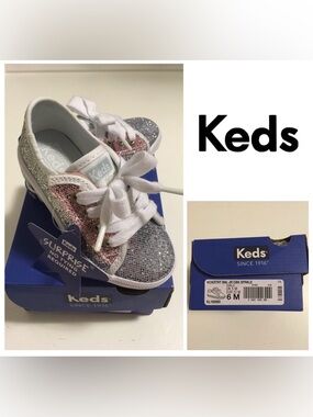 🆕KEDS - GIRLS 6 - NWT - SILVER PINK SPARKLE KICKSTART SHOES